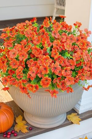 Artificial Fall Flowers Faux Mums for Outdoor Indoor Garden Home Decoration, Faux Flower Daisy with Eucalyptus Leaves Fake Mums Plants Greenery Boxwood Porch Patio, 12 Bundles, New Orange