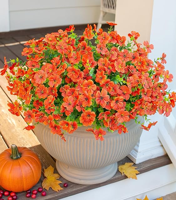 Artificial Fall Flowers Faux Mums for Outdoor Indoor Garden Home Decoration, Faux Flower Daisy with Eucalyptus Leaves Fake Mums Plants Greenery Boxwood Porch Patio, 12 Bundles, New Orange