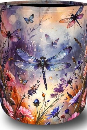 Colorful Dragonfly and Floral Laundry Basket Foldable Wild Flowers Laundry Hamper With Handle Oxford Cloth Portable Clothes Storage Basket Laundry Bag 18.9"x16.5" For Laundry Room/Bedroom/Bathrooms