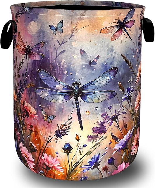 Colorful Dragonfly and Floral Laundry Basket Foldable Wild Flowers Laundry Hamper With Handle Oxford Cloth Portable Clothes Storage Basket Laundry Bag 18.9"x16.5" For Laundry Room/Bedroom/Bathrooms