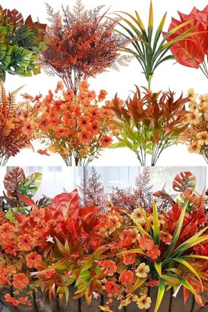 20 Bundles Artificial Fall Flowers for Outdoor Decoration, Fake Plants Faux Mums Flowers UV Resistant Daisy Boston Fern Fall Stems for Autumn Planters Window Box Garden Porch Indoor Home Decor
