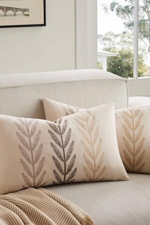 100% Cotton Farmhouse Leaves Lumbar Throw Pillow Covers Set of 2, 12x20 Inch Mixed Beige Pastoral Decorative Print Cushion Covers for Sofa Bed Living Room Home Decor