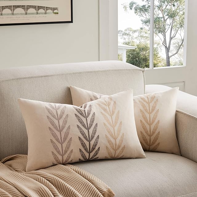 100% Cotton Farmhouse Leaves Lumbar Throw Pillow Covers Set of 2, 12x20 Inch Mixed Beige Pastoral Decorative Print Cushion Covers for Sofa Bed Living Room Home Decor