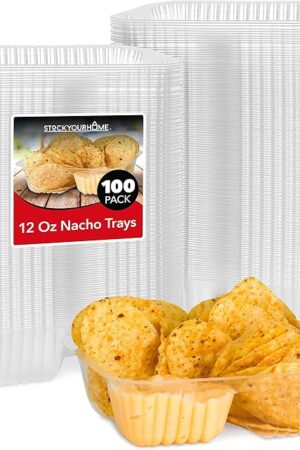 12oz Plastic Nacho Trays (100 Pack) Small Disposable Tray for Nachos & Cheese Dip, Concession Stand Supplies, Movie Night Snacks for Kids, Carnival Party Decorations, Food Boats, Snack Containers…