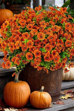 Artificial Fall Flowers Outdoor Fake Mums - 16 Bundles Fake Plants UV Resistant No Fade Faux Plastic Greenery Garden Porch Patio Fall Home Decor (Red Orange16)