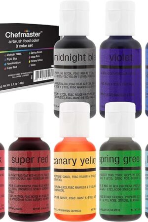 Chefmaster - Airbrush Food Coloring - 8 Color Pack - Vibrant and Fade-Resistant Sheen - Works With Any Airbrush Tool to Achieve Amazing Effects and Designs - Made in the USA