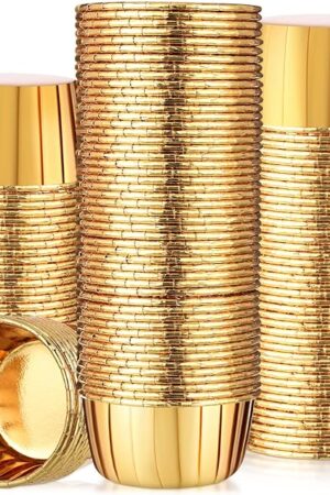 300 Pack Gold Cupcake Liners Bulk Disposable Foil Muffin Cups 3.5 oz Wrappers for Baking Aluminum Paper Mini Metallic Disposable Holiday Party Wedding Festival Supply