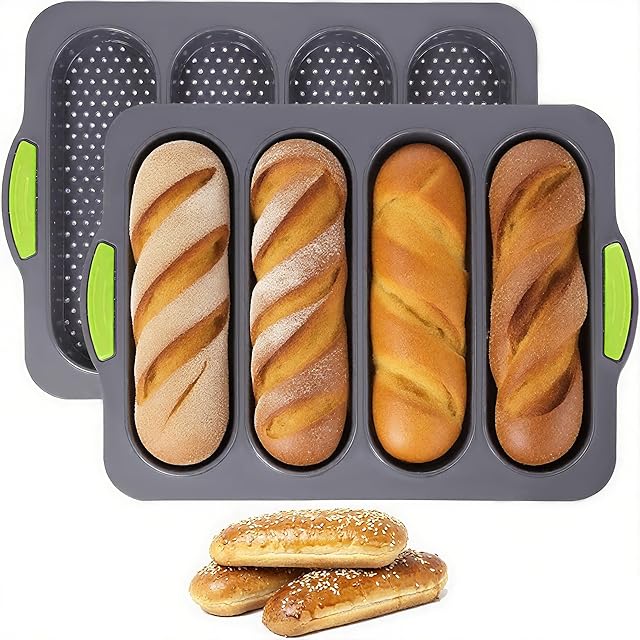 2 Pcs Silicone Bread Loaf Pan, 4 Holes Baguette Bread Pan Easy to Release, Non-Stick French Bread Baking Pan for Homemade Bread, French Baguette, Baking Romantic Dinner Tool