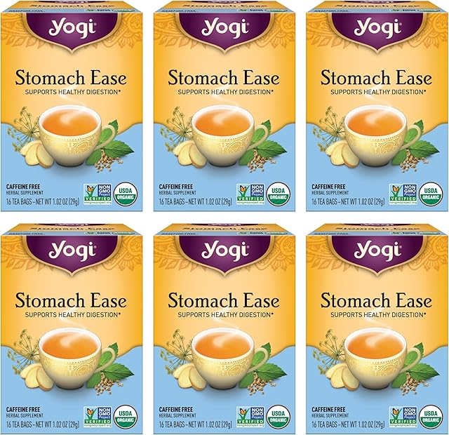 Yogi Tea - Stomach Ease (6 Pack) - Supports Healthy Digestion with Peppermint, Licorice Root, and Ayurvedic Herbs - Caffeine Free - 96 Organic Herbal Tea Bags