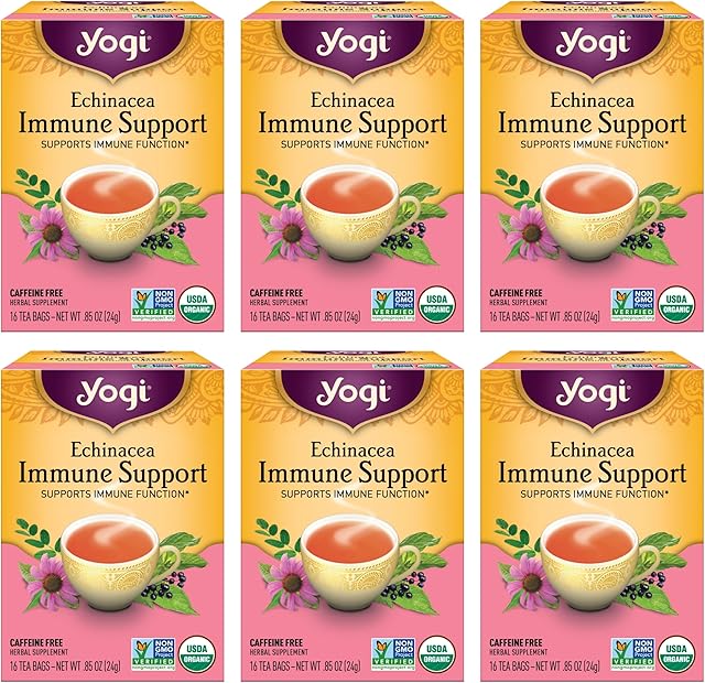 Yogi Tea Echinacea Immune Support, 6 Packs (16 Bags/Pack), Organic | Contains Peppermint Leaf, Lemongrass, Cinnamon Bark | Includes Echinacea Purpurea, Licorice Root & More | Immunity Support Formula