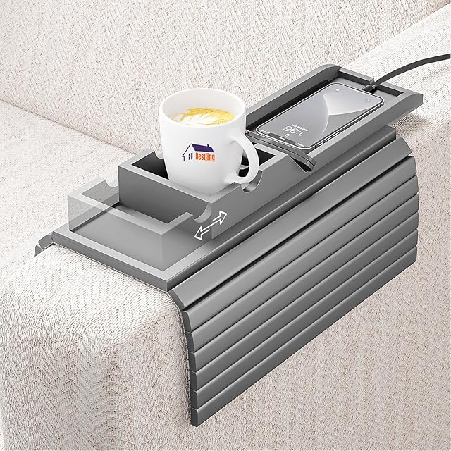 Bamboo Sofa Armrest Tray - Couch Arm Tray with Detachable Couch Cup Holder - 2 in 1 Anti-Slip Foldable Sofa Armchair Caddy Table - Cup Holder for Drinks Cellphone TV Remote Snacks(Gray)