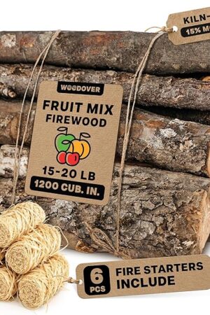 15" Apple & Cherry Firewood Logs with Fire Starters Set - Kiln-Dried Firewood for Fire Pit, Seasoned Wood for Fireplace, Campfire & Pizza Oven - Split Wood for Solo Stove - 1200 cu. in., 15-20lb