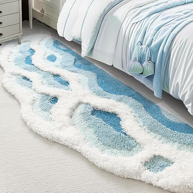 Soft Shag 3D Stereo Wave Moss Bedside Rug 20"×36" Cute Navy Blue Runner Rug Non Slip Washable Bathroom Rugs Bath Mats for Bedroom Bathroom Hallway Home Decor Indoor Doormat Shower Mat
