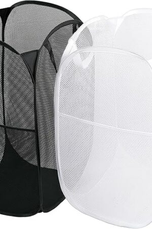 2 Pack Laundry Basket,Foldable Mesh Pop-up Laundry Hamper with Durable Handle,Easy to Open and Fold for Dorm, Laundry Room, Bedroom, RV… (White+Black)