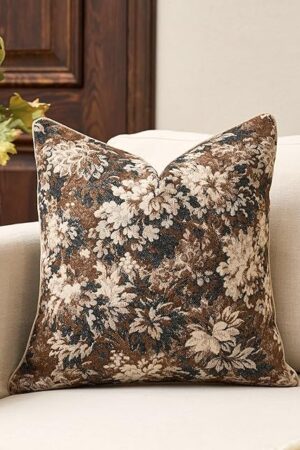 Yangest Neutral Floral Pillow Cover 18 x18 Inches, Vintage Chenille Square Throw Pillow Cover Soft Decorative Farmhouse Accent Couch Pillow Cover for Living Room Bedroom, Coffee Brown