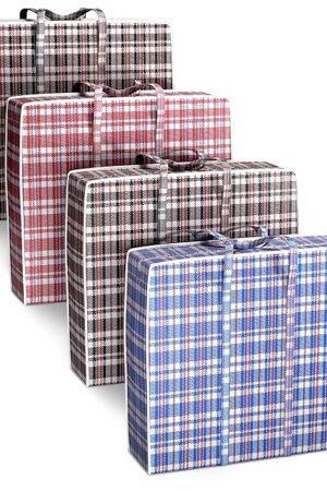 4 Pcs Extra Large Laundry Bag With Handles – Extra Large Moving Bags With Zippers – 23.6 x 23.6 x 5.9 Inch (13 Gallons), Durable Checkered Travel Bags for Clothes, Moisture and Dirt Resistant