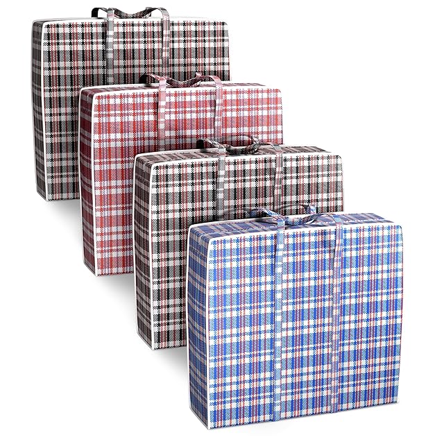 4 Pcs Extra Large Laundry Bag With Handles – Extra Large Moving Bags With Zippers – 23.6 x 23.6 x 5.9 Inch (13 Gallons), Durable Checkered Travel Bags for Clothes, Moisture and Dirt Resistant