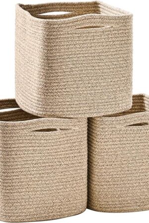 11 Inch Cube Storage Bins, Storage Cube Organizer Bins, Woven Cotton Rope Baskets for Storage, Storage Basket for Organizing Shelves, Square Baskets for Toys Nursery, Brown (Pack of 3)
