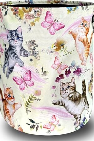 Cute Cats Butterfly Laundry Hamper Oxford Cloth Animal Cat Floral Laundry Basket With Handle Portable Clothes Storage Basket Foldable Laundry Bag 18.9"x16.5" For Laundry Room/Bedroom/Bathrooms