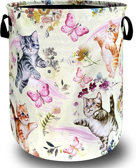 Cute Cats Butterfly Laundry Hamper Oxford Cloth Animal Cat Floral Laundry Basket With Handle Portable Clothes Storage Basket Foldable Laundry Bag 18.9"x16.5" For Laundry Room/Bedroom/Bathrooms