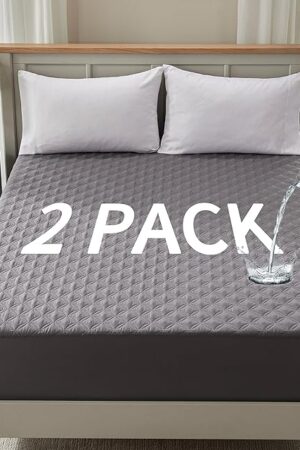 2 Pack Waterproof Mattress Protector, Queen Size Mattress Pad Noiseless with Deep Pocket Fitted for 6"-18", Soft Breathable Dirt-Proof Bed Mattress Cover Washable for Home, Bedroom, Hotel (Gray)