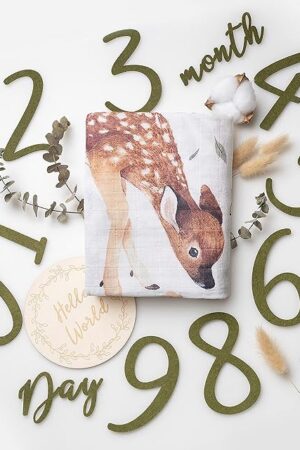 100% Organic Cotton Muslin Monthly Baby Milestone Blanket with Wooden Hello World Newborn Sign, Newborn Photography Props, Birth Announcement Sign, Woodland