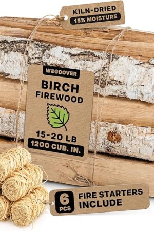 15" Birch Firewood Logs with Fire Starters Set โ 1200 cub. in, 15โ20 lb | Kiln-Dried & Seasoned Hardwood for Fire Pit, Fireplace | Bright Flames & Pleasant Aroma for Cozy Atmosphere