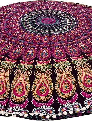 32" Purple Mandala Floor Pillow Cushion Seating Throw Cover Hippie Decorative Bohemian Ottoman Poufs, Pom Pom Pillow Cases,Boho Indian