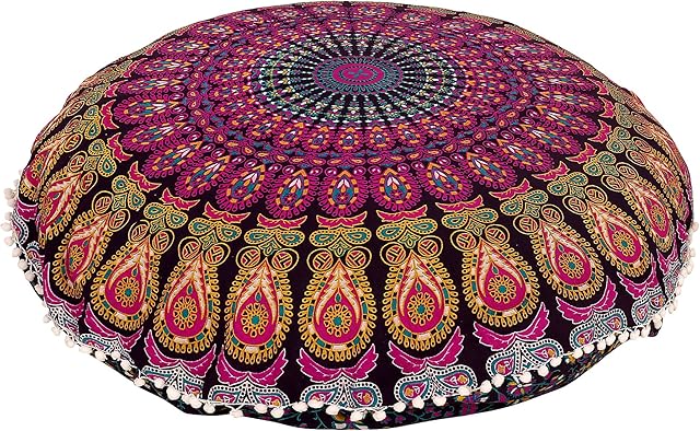 32" Purple Mandala Floor Pillow Cushion Seating Throw Cover Hippie Decorative Bohemian Ottoman Poufs, Pom Pom Pillow Cases,Boho Indian