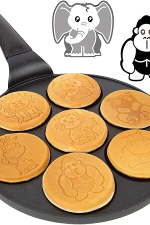 Animal Mini Pancake Pan - Make 7 Unique Flapjack Zoo Animals, Including a Elephant, Giraffe and More- Nonstick Pan Cake Maker Griddle for Breakfast Fun & Easy Cleanup, Unique Holiday Breakfast or Gift