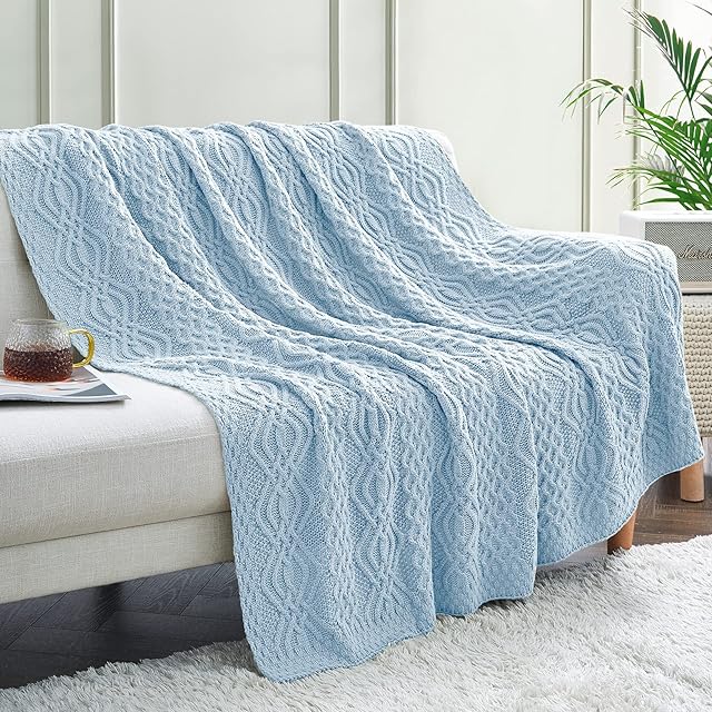 Aormenzy Light Blue Cable Knit Throw Blanket Knitted Blanket 50 x 60 inch