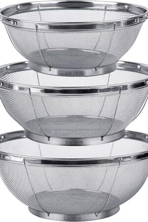 3 Pack 18/8 Stainless Steel Colander Sieves(5-Quart, 4-Quart and 3-Quart), Mesh Strainer Net Baskets with Handles & Resting Base for Strain, Drain, Rinse or Steam