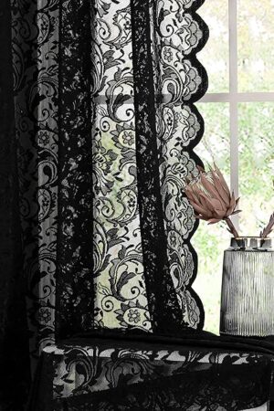 Bujasso Black Sheer Lace Curtains 84 inch Vintage Floral Sheer Gothic Curtain Panels for Living Room Bedroom Luxury Light Filtering Drapes Black Window Treatment Sets Rod Pocket 2 Panels 54" Wx84 L