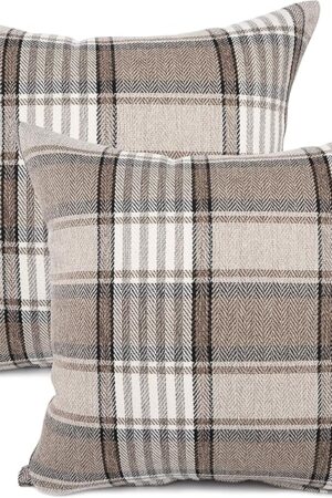 YOUR SMILE Retro Farmhouse Outdoor Buffalo Tartan Chequer Plaid Cotton Linen Decorative Throw Pillow Case Cushion Cover Pillowcase for Sofa 18 x 18 Inch, Set of 2, Khaki/Stripe