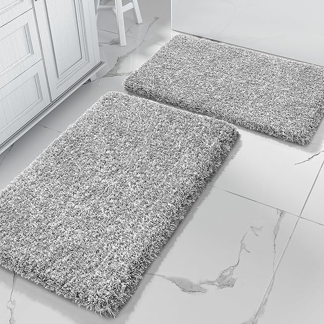 Yimobra Fluffy Bath Rug Set Bathroom Rugs Bathroom Floor Rugs, 24x17+32x20 Inches, Light Gray and White