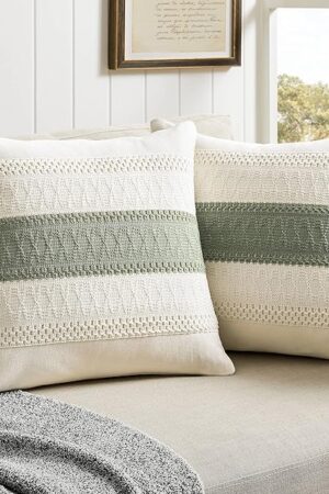 ZeeMart 2 Packs Cotton Boho Throw Pillow Covers 18x18 Inch Contrast Green, Soft Farmhouse Decorative Couch Pillow Cases Sage Green Cushion Covers for Sofa Bed Living Room Home Decor