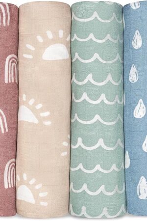 Comfy Cubs Muslin Swaddle Blankets Pack of 4, 47 x 47 Inches, Soft Cotton Baby Blanket Set, Large Multipurpose Swaddling Wraps for Newborns - Self-Soothing Swaddle - Sun, Rainbow, Rain, Doodle