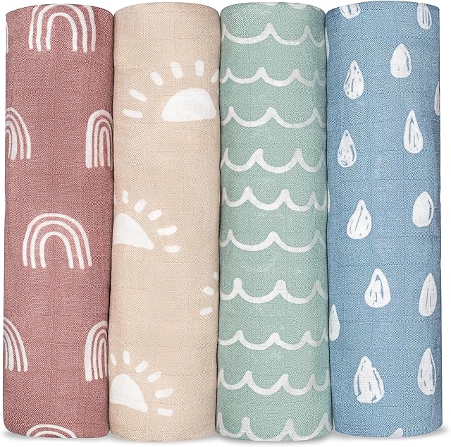 Comfy Cubs Muslin Swaddle Blankets Pack of 4, 47 x 47 Inches, Soft Cotton Baby Blanket Set, Large Multipurpose Swaddling Wraps for Newborns - Self-Soothing Swaddle - Sun, Rainbow, Rain, Doodle