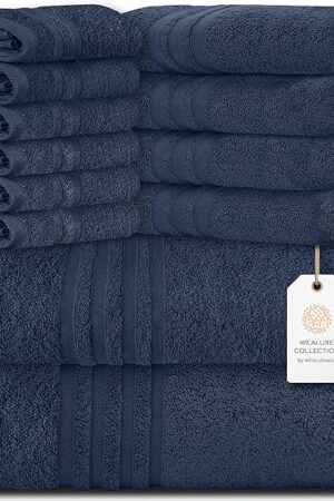 White Classic 12 Piece Bath Towel Set for Bathroom - Wealuxe Collection 2 Bath Towels, 4 Hand Towels, 6 Washcloths 100% Cotton Soft and Plush Highly Absorbent, Soft Towel for Hotel & Spa - Navy
