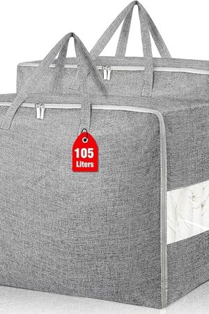 2Pack 105L Extra Large Storage Bags, Folding Moving Comforter Blanket Storage Bags Closet Organizers and Storage Containers for Clothes with Strong Handles&Zippers Clear Window for Bedding Pillow Grey