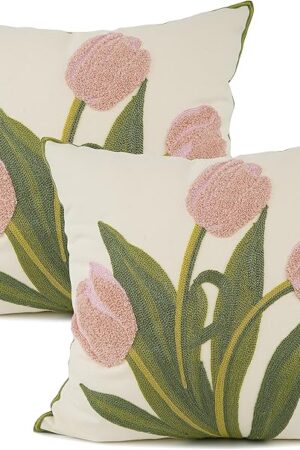 YOUR SMILE Pack of 2 Embroidered Decorative Throw Pillow Cover 18x18 Inch Farmhouse Floral Floor Pillowcase for Couch Living Room Sofa Bed,Pink Tulip