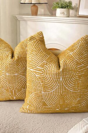 AELS Boho Decorative Textured Throw Pillow Covers 18x18, Organic Modern Mid Century Rainbow Tufted Pillow Case, Farmhouse Rustic Geometric Woven Cushion Case for Bed Couch Sofa, Mustard Yellow