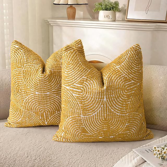 AELS Boho Decorative Textured Throw Pillow Covers 18x18, Organic Modern Mid Century Rainbow Tufted Pillow Case, Farmhouse Rustic Geometric Woven Cushion Case for Bed Couch Sofa, Mustard Yellow
