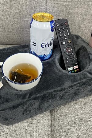 Couch Cup Holder Pillow, Couch Drinks Remotes Holder for Center of Couch, for Sofa, Bed, RV, Car (Gray)