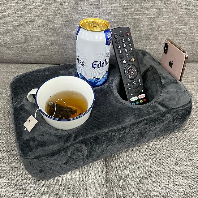 Couch Cup Holder Pillow, Couch Drinks Remotes Holder for Center of Couch, for Sofa, Bed, RV, Car (Gray)