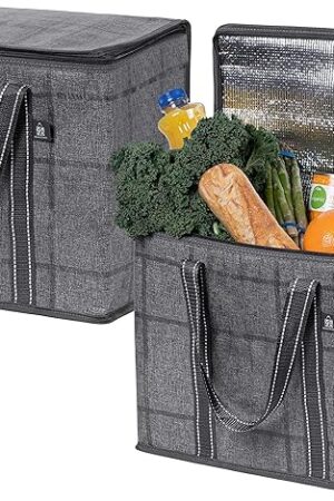 VENO 2 Pack Cooler Bag and Insulated Grocery Bags for Food Delivery, Collapsible Cooler. Reusable Shopping Bags for Groceries with Hard Bottom, Zippered, Foldable, Heavy-Duty (Windowpane, 2 Pack)
