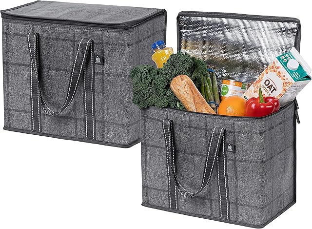 VENO 2 Pack Cooler Bag and Insulated Grocery Bags for Food Delivery, Collapsible Cooler. Reusable Shopping Bags for Groceries with Hard Bottom, Zippered, Foldable, Heavy-Duty (Windowpane, 2 Pack)