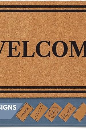 Barnyard Designs Natural Coco Coir Heavy Duty Backing Doormat - Large Cute Non-Slip Front Door Welcome Mat for Outside Entrance or Porch Entry, Brown (17x30, Welcome)
