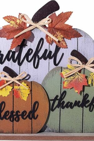 CYNOSA Fall Decorations for Home Blessed Grateful Thankful Fall Decor Wooden Pumpkin Tabletop Signs for Home Thanksgiving Farmhouse Living Room Harvest