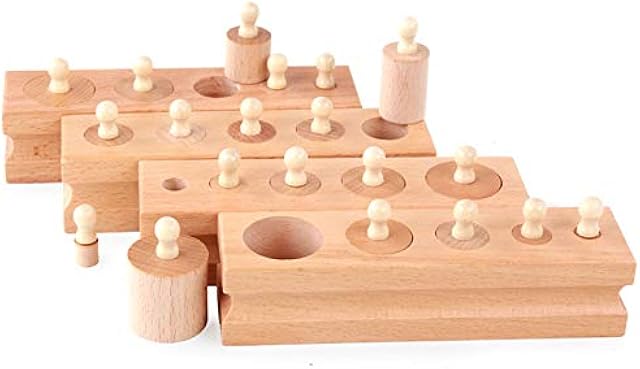 The Adena Montessori Wooden Small Cylinders Block,Knobbed Cylinder Socket,Montessori Materials Wooden Cylinders Ladder Blocks,Sensorial Educational Tools Preschool Early Learning Toys for Kids (Set of 4)